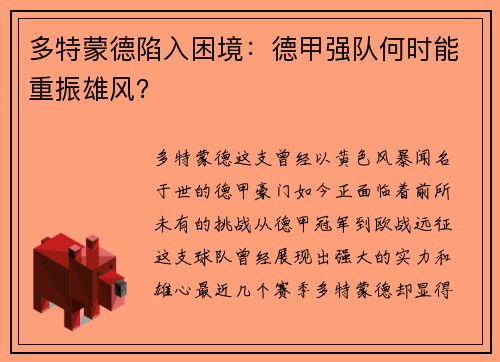 多特蒙德陷入困境：德甲强队何时能重振雄风？