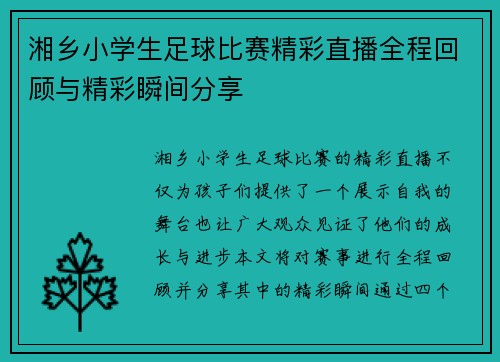 湘乡小学生足球比赛精彩直播全程回顾与精彩瞬间分享
