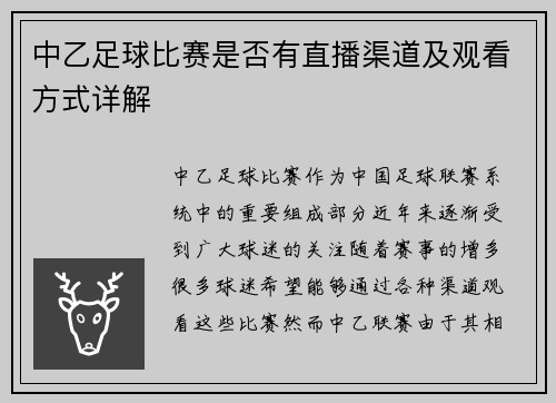 中乙足球比赛是否有直播渠道及观看方式详解